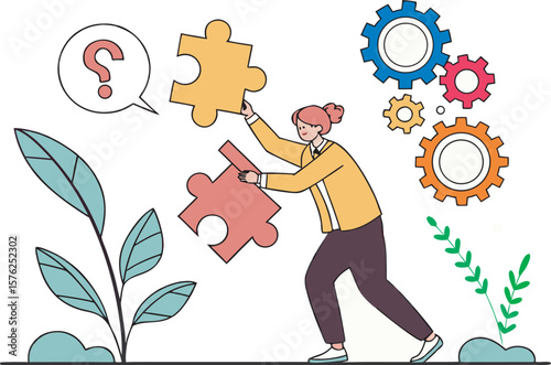 illustration of a person solving a puzzle with missing pieces, gears