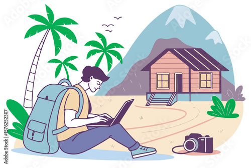 a digital nomad working on a laptop at the beach or a mountain cabin.