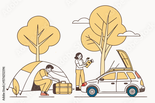 Vector illustration of a couple packing luggage into a car for a weekend road trip