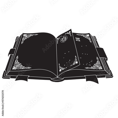 Black and White Open Spell Book, Vector Illustration, Gothic Style