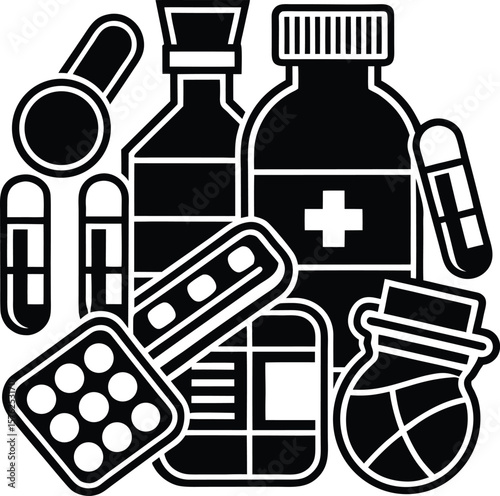 Vector set of medical icons bottles, tubes, and other symbols for healthcare design, emergency, pharmacy, surgery, healthcare worker