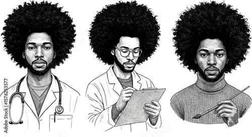 Black History Month sketch vintage illustration depicting the contribution of Black people to progress — Black doctor, Black scientist, and Black artist in black and white engraving

