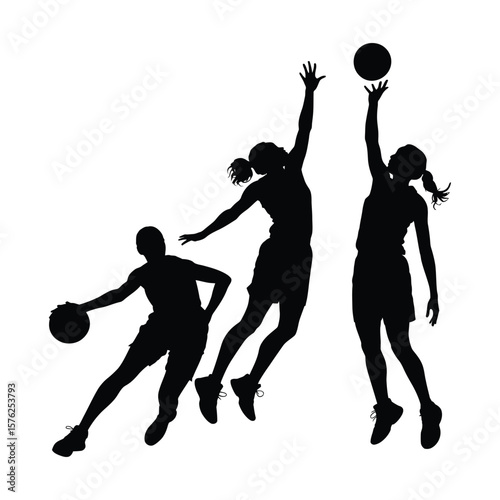 Three women playing basketball in a dynamic silhouette style