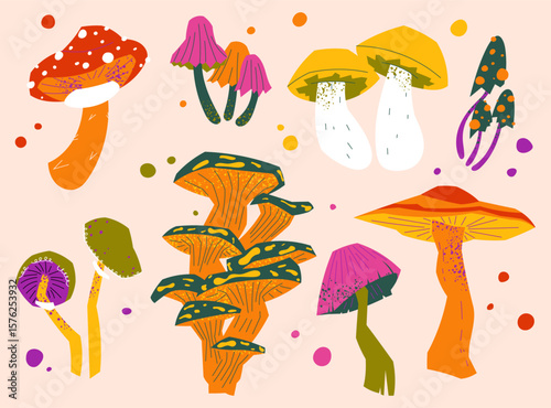 Bright fantasy mushroom set on light background. Vector illustration in flat style with psychedelic forest vibe. Great for autumn, magic nature themes, boho and mystical art