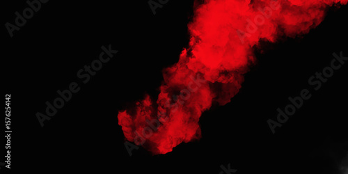 Red color powder explosion isolated on black background. Colorful dust explode. Paint Holi, dust particles splash. Network concept with spray. Futuristic technology element. 3D rendering.