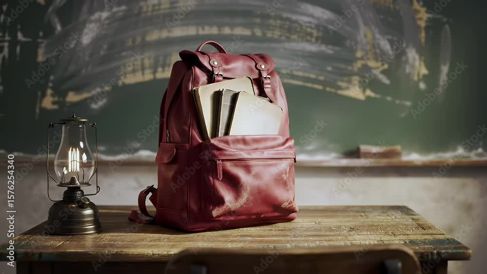 A red leather backpack and old lamp sitting on a wooden desk with a chalkboard in the background, Back to school vintage setup with backpack and oil lamp against blackboard