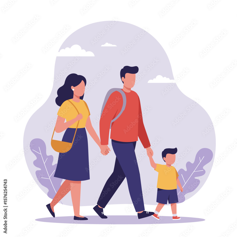 Family walking together with child in casual outdoor setting Family walking together with child in casual outdoor setting
