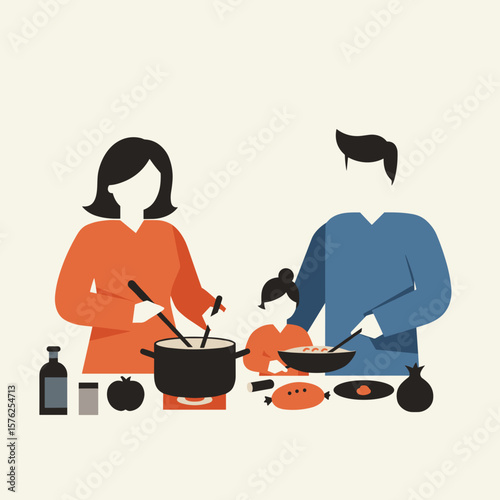 Family cooking together in kitchen with healthy ingredients  