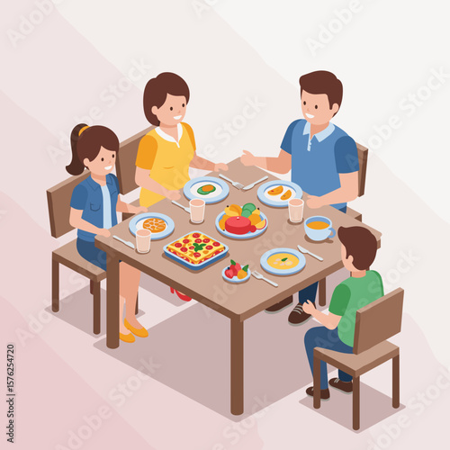 Family enjoying a meal together at a dining table with food  
