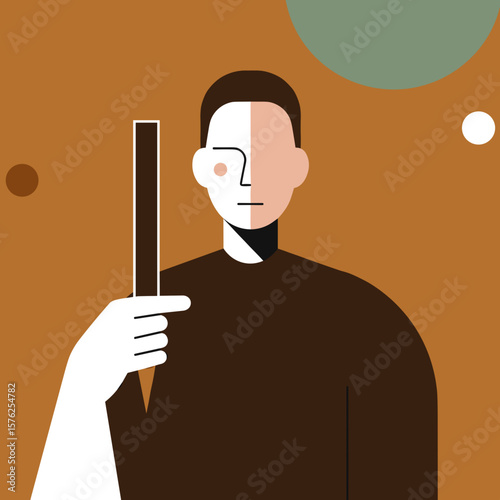 Man holding a stick in a modern abstract style on brown background  