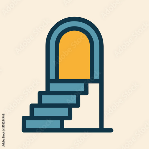 Stairs leading to a yellow arched door in flat design style  