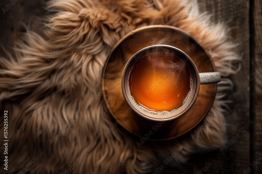 Fototapeta premium Warm cup of tea on wooden table with fur texture underneath 