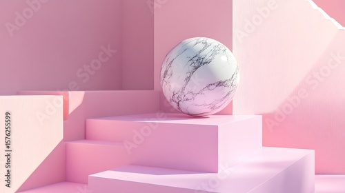 Elegant Minimalist Pink Scene Featuring a Serene Marble Sphere on Geometric Podium