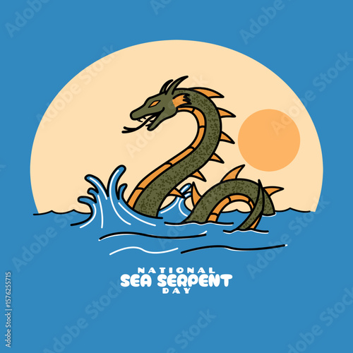 National Sea Serpent Day to celebrate on August 7th. Illustration of a sea serpent at sunset against a turquoise background. Animal event banner.