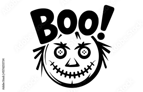 Scary scarecrow head with Boo typography and a stitched mouth perfect for Halloween party invitations, t-shirt prints and stickers, svg, vector, transparent, isolated