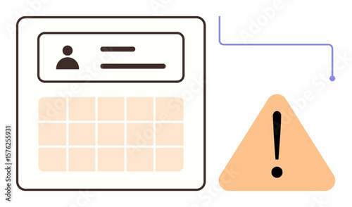 User profile section with grid layout and warning triangle. Ideal for cybersecurity, system update, error reporting, user data, account management, notifications, simple flat metaphor