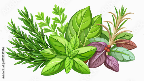 fresh mediterranean herbs isolated over a transparent background rosemary, sage, basil and thyme, farm fresh food and healthy diet herbal design elements,