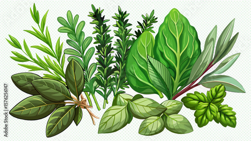 fresh mediterranean herbs isolated over a transparent background rosemary, sage, basil and thyme, farm fresh food and healthy diet herbal design elements,