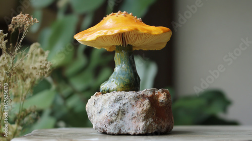The Parrot Waxcap (Gliophorus psittacinus) displays greenish-yellow to orange hues while resting on a textured ceramic podium