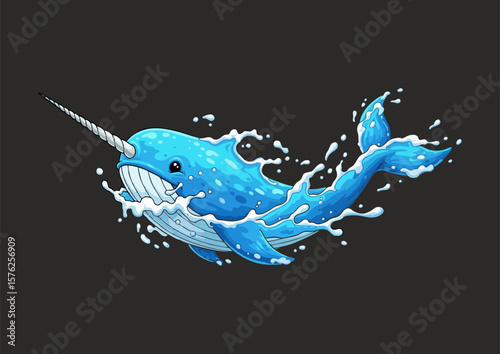 Stylized narwhal illustration with vibrant blue colors and dynamic water splash effect