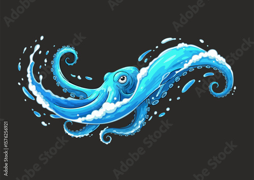 Stylized octopus illustration with vibrant blue colors and fluid tentacle movement