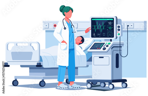 Illustration of a doctor monitoring a patient in a hospital bed with advanced medical equipment.  Doctor Checks Patient's Vital Signs in ICU – Clinical Monitoring with Advanced Technology.
