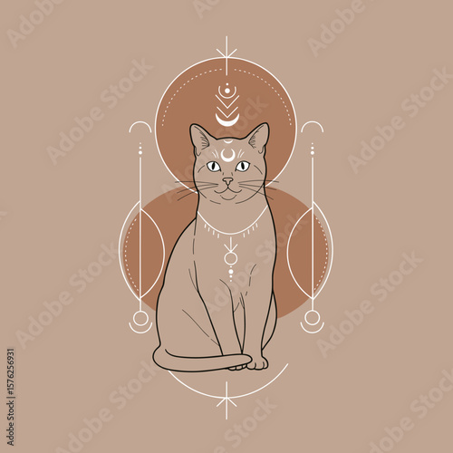 Cat illustration with geometric design and earthy color palette  