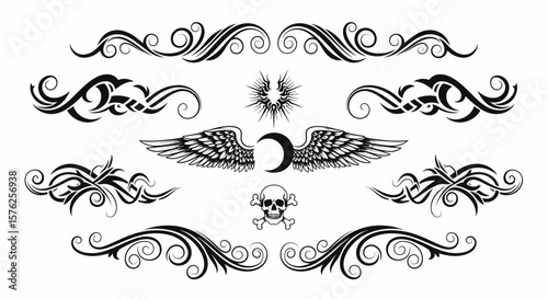 Collection of Black Tribal Tattoo Designs: Wings, Skull, and Swirls