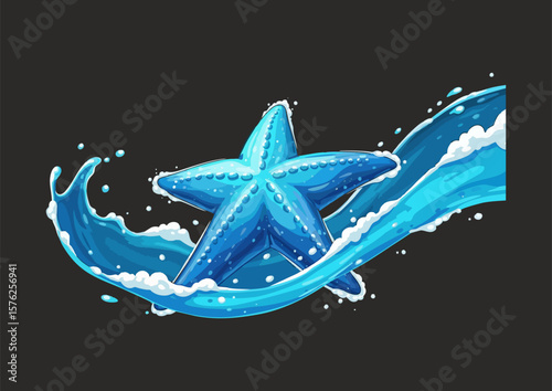 Stylized starfish illustration with bright blue tones and flowing wave effect