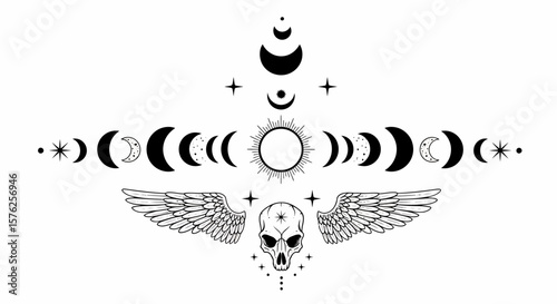 Celestial Skull with Wings, Moon Phases, and Starry Elements in Black and White