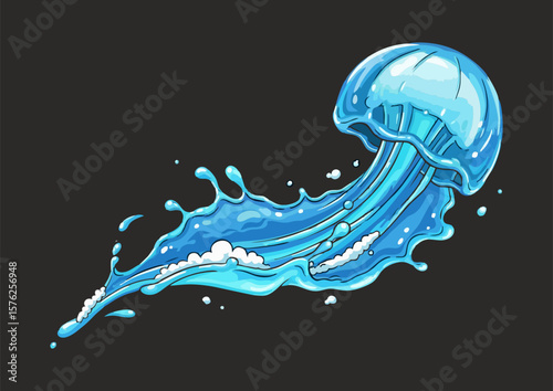 Stylized jellyfish illustration with vibrant blue colors and flowing water effect