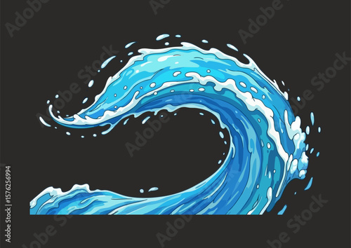 Stylized wave illustration with vibrant blue tones and dynamic water motion