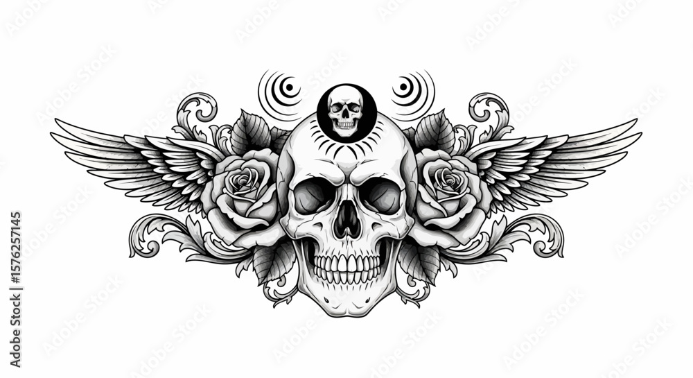 Fototapeta premium Detailed Black and White Skull with Wings, Roses, and Ornate Design