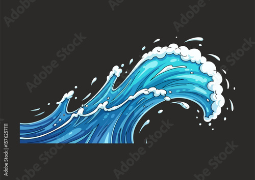 Stylized wave illustration with vibrant blue tones and dynamic water motion