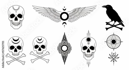 Collection of Skulls, Raven, Wings, and Mystical Symbols in Black and White