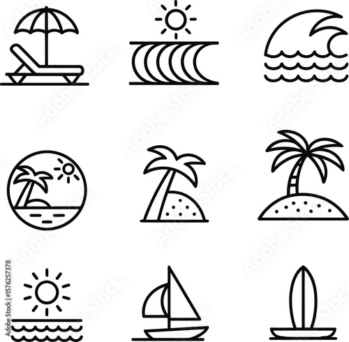 Minimalist Beach Line Icons – Summer Vacation Vector Set.