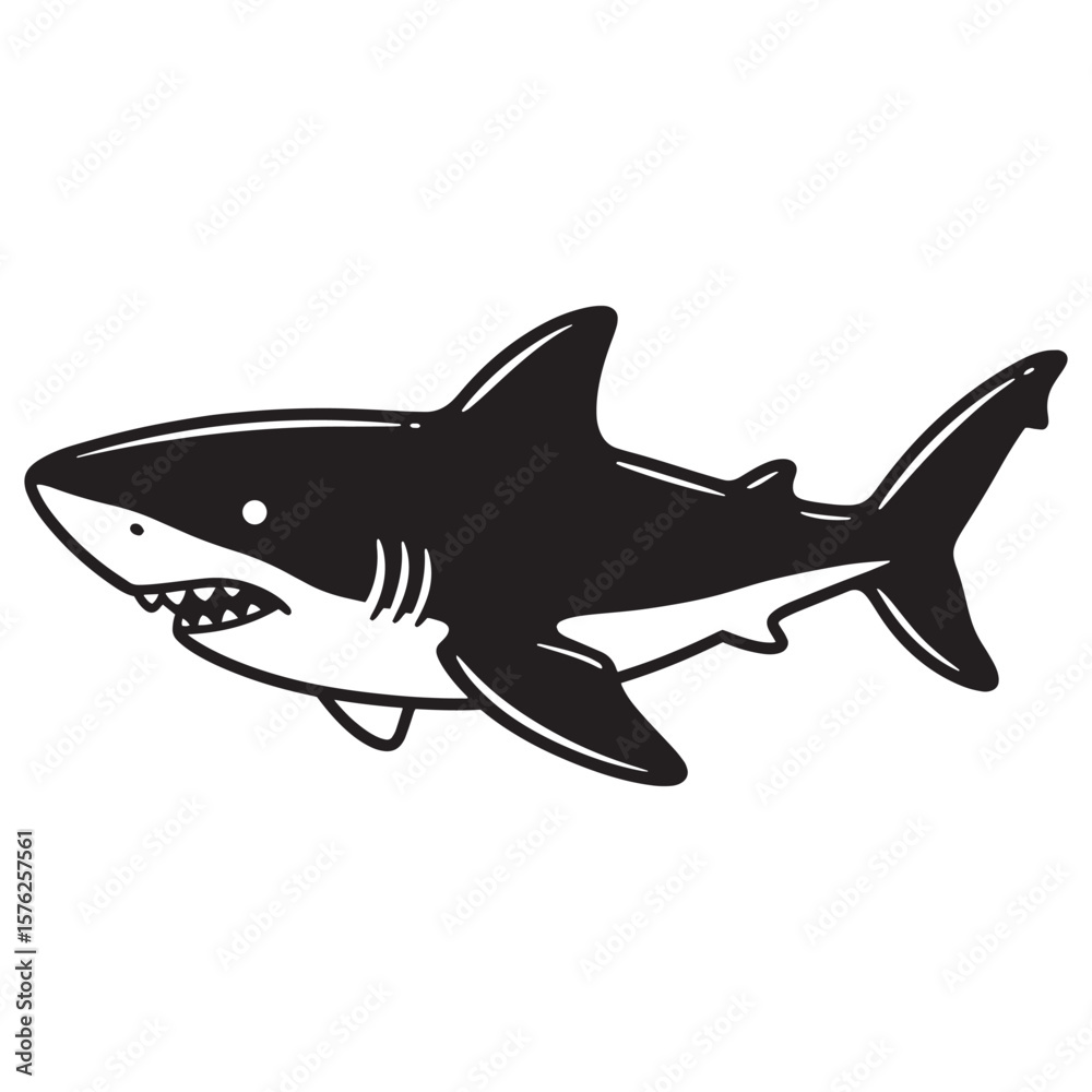 Obraz premium A simple black and white illustration of a powerful great white shark on white background