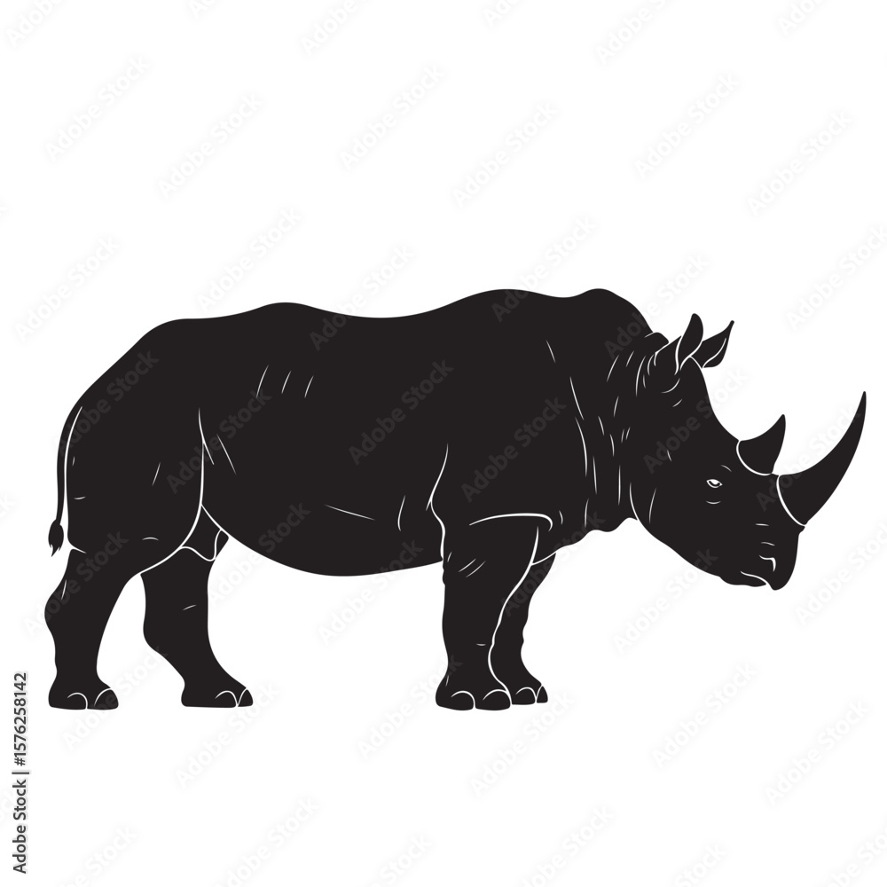 Fototapeta premium Black Rhinoceros Silhouette, Vector Illustration, Side View