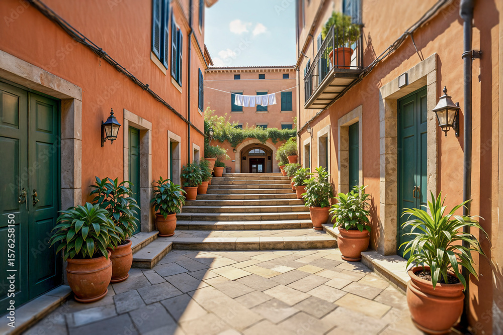 Fototapeta premium A charming, sun-drenched courtyard in an old Italian palazzo. Terracotta walls, potted plants, and stone steps create a timeless scene of Mediterranean travel.