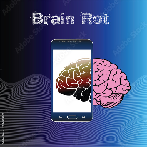 Brain Rot,depicting the effects of excessive smartphone use on mental health and cognitive function, featuring a brain emerging from a mobile screen against a digital grid background