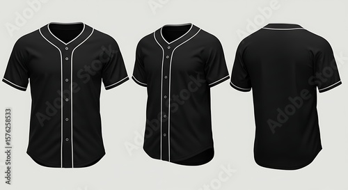 A black baseball jersey with white trim, shown from front, back, and side views