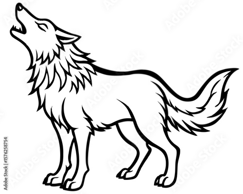 Stylized wolf howling with a fluffy mane silhouette isolated on white background