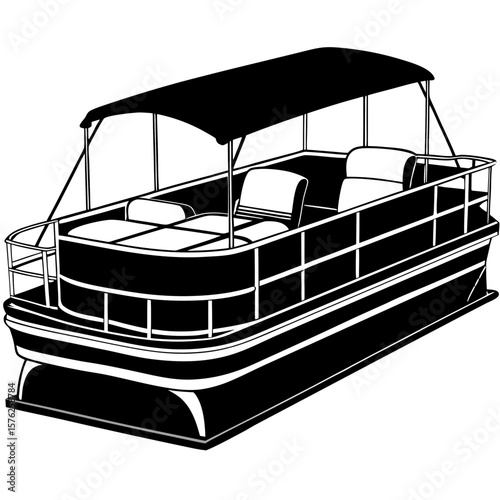 Black silhouette of a pontoon boat with a canopy and seats isolated on white background