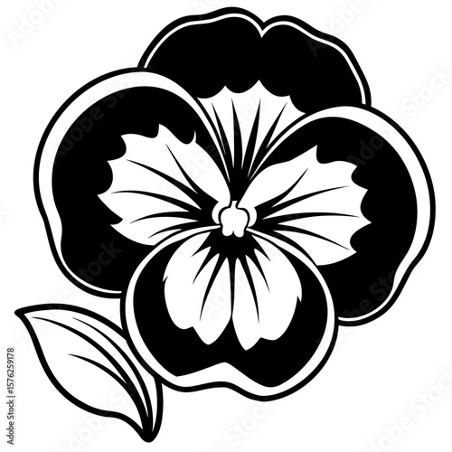 Black and white pansy flower silhouette isolated on white background