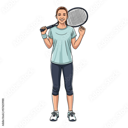 Smiling Woman with Tennis Racket Posing: Active Lifestyle and Sports Concept Illustration