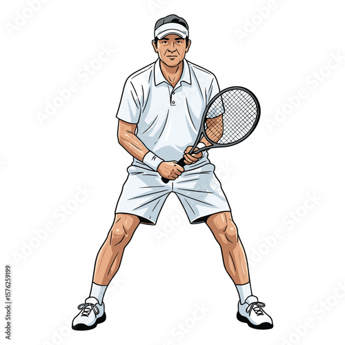 Tennis player ready to serve on court athletic competitive sport white uniform illustration