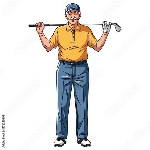 Smiling senior man holding golf club behind neck enjoying active retirement lifestyle