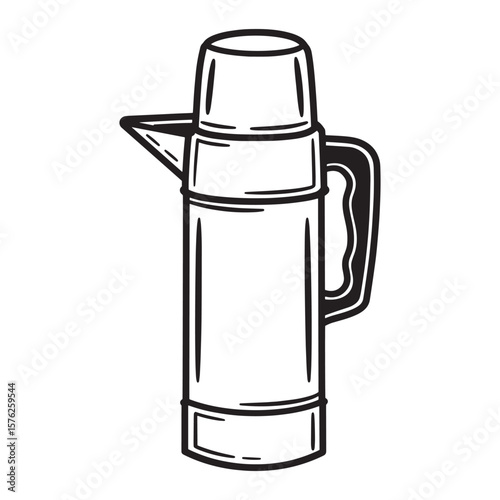 Black and white illustration of a vintage thermos with handle and spout for beverages