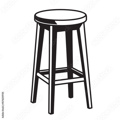 Black and white illustration of a wooden bar stool isolated on a white background