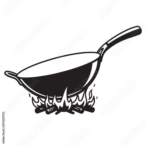 Black and white illustration of a wok pan on flames for cooking preparation
